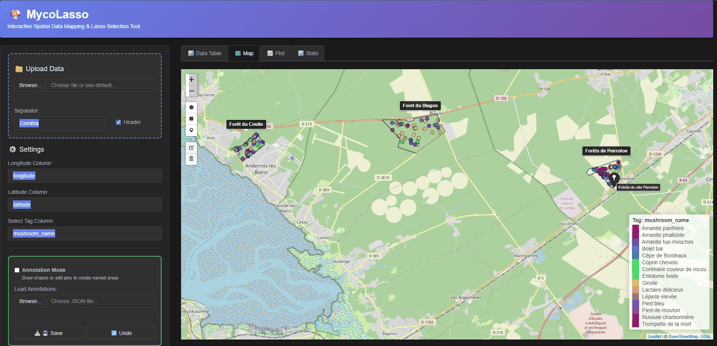MycoLasso R Shiny app visualizing geospatial data points